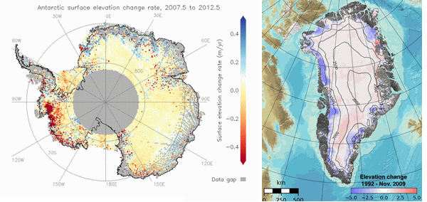 Ice sheet surface elevation change rate for Greenland and Antarctica from 1992 to present derived from satellite observations